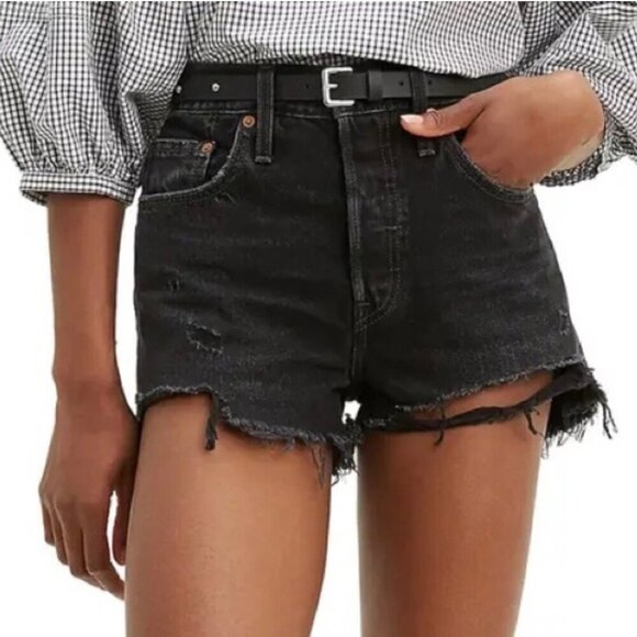 Levi’s 501 Button Fly High Rise Dark Wash Distressed Jean Shorts Black Size 26 - Picture 1 of 11